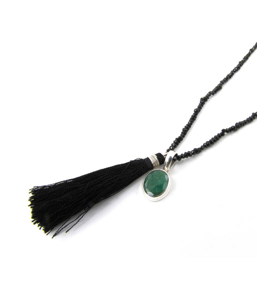 Faith Indian emerald and black spiral tassel necklace