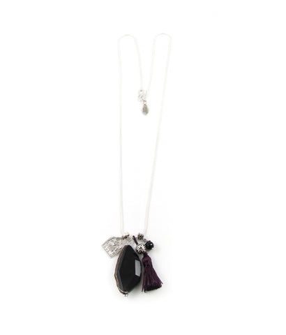 Indigo jet black agate and aubergine tassel necklace